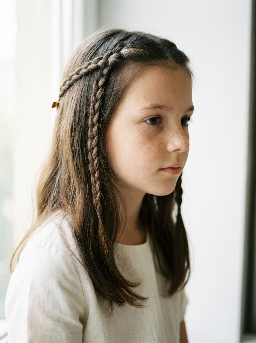 Zwei kleine Frontzöpfe mit offenen Haaren - Flechtfrisuren zur Kommunion